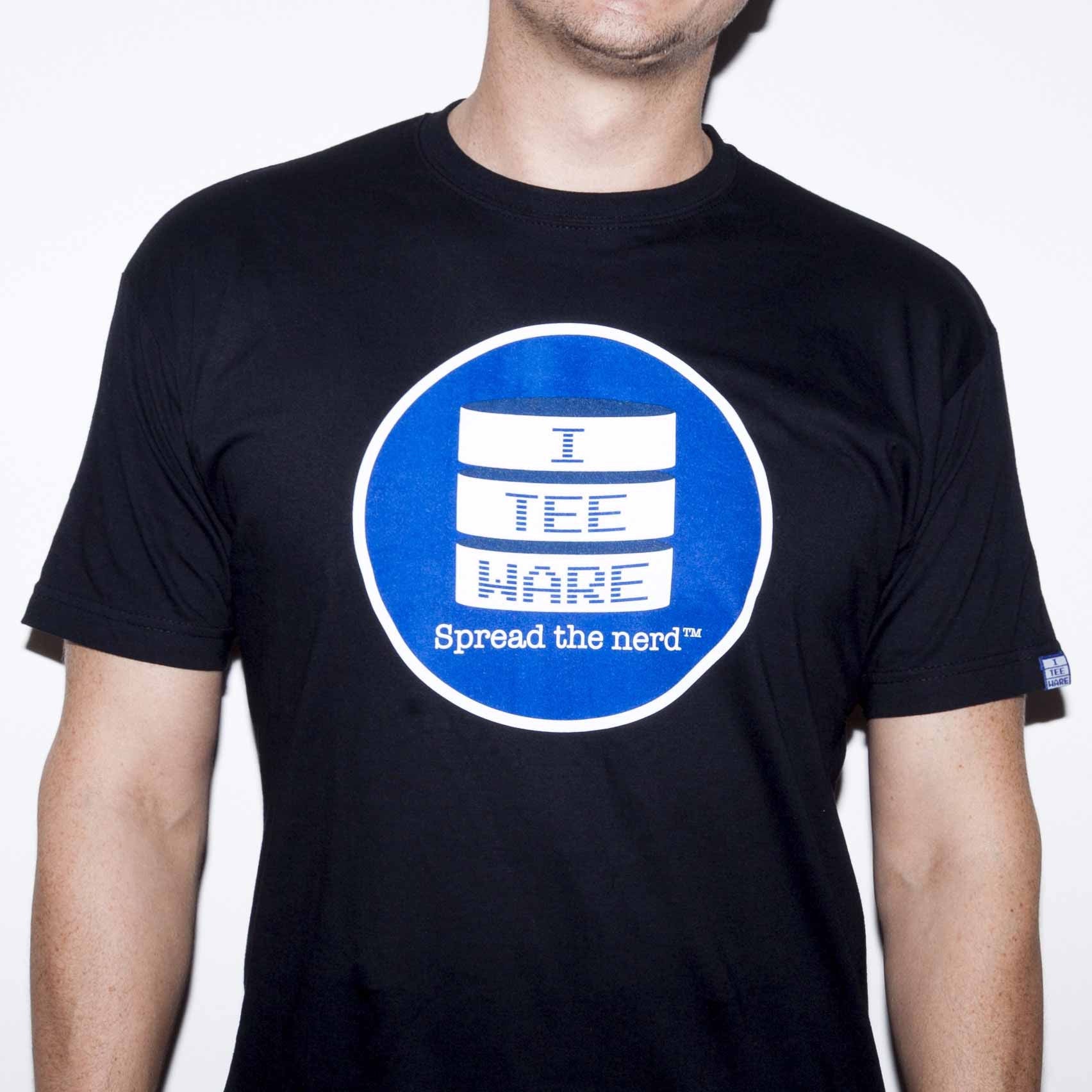 Black T-shirt with a round ITEEWARE logo printed on the front. Logo includes slogan, spread the nerd.