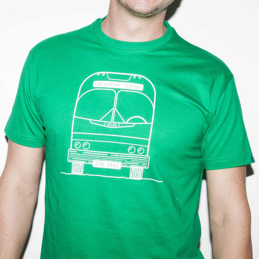 Kelly green T-shirt with funny computer nerd USB file transfer geek joke screen printed in white on the front. A front on image of a bus, headed to destination Universal Serial.